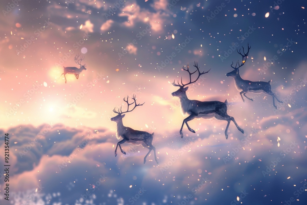 A group of deer flying through the sky in a magical scene, Magical scene of reindeer flying through the sky