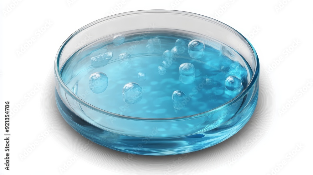 A clear petri dish filled with a light blue liquid with small air bubbles representing scientific research, experiment, and growth. A clear petri dish filled with a light blue liquid with small air bubbles representing scientific research, experiment, and growth.