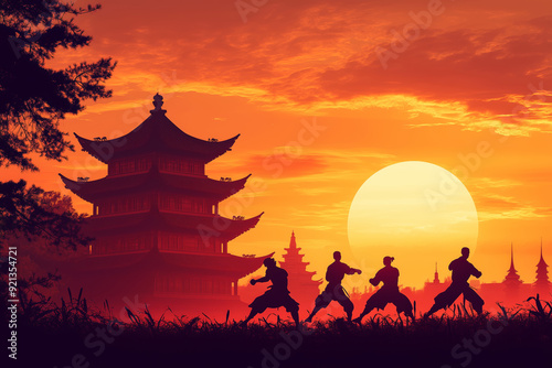 A tranquil sunset over a serene temple with martial artists practicing in harmony within a vibrant landscape