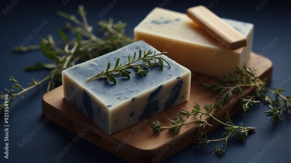 Two artisan soap bars with green and violet herbs, arranged on a wooden plate in a rustic setting. Two artisan soap bars with green and violet herbs, arranged on a wooden plate in a rustic setting.
