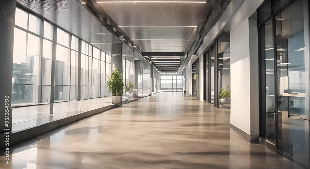 Modern office building with a large wide corridor and glass partitions inside 4k animation Modern office building with a large wide corridor and glass partitions inside 4k animation