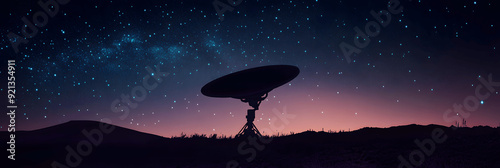 Technology banner with silhouette of satellite dish against starry night sky, dark gradient background, space for text at the bottom