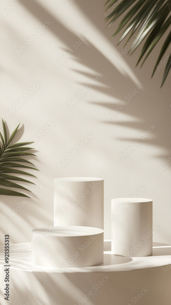 3D modern cosmetic product display backdrop with palm leaf shadow 3D modern cosmetic product display backdrop with palm leaf shadow