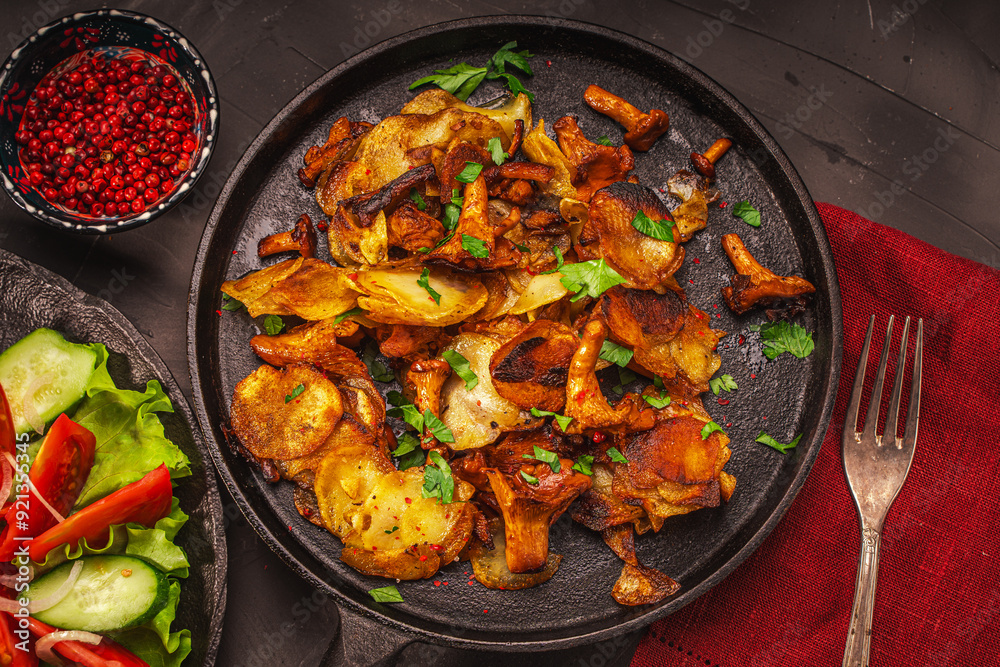 Chanterelle mushrooms fried with potatoes according to a traditional recipe in a cast-iron pan on a dark table with a burgundy napkin, with vegetables and berries Chanterelle mushrooms fried with potatoes according to a traditional recipe in a cast-iron pan on a dark table with a burgundy napkin, with vegetables and berries