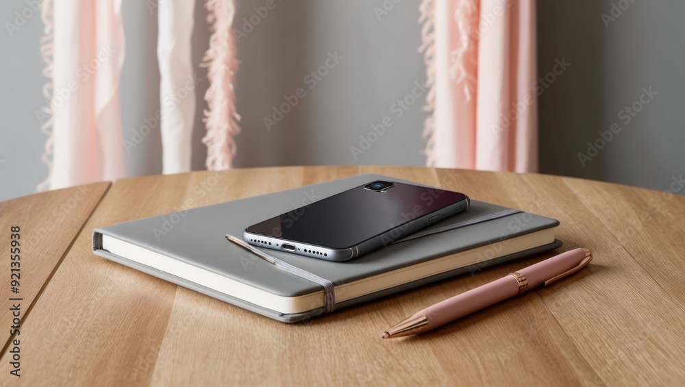 An elegant notebook, a modern smartphone, and a stylish pen artistically arranged on a wooden table surface. An elegant notebook, a modern smartphone, and a stylish pen artistically arranged on a wooden table surface.