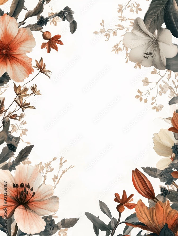 Obraz premium A delicate floral border frame with soft colors and a white background, symbolizing elegance, nature, beauty, simplicity, and tranquility.
