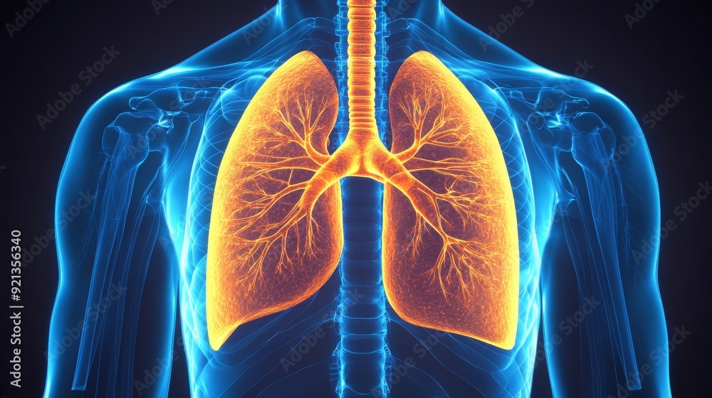 A detailed 3D illustration of the human lungs, showcasing the intricate ...