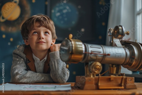 Curious young astronomer exploring the cosmos with vintage telescope