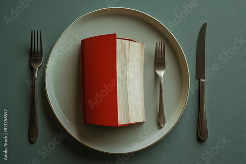 A whimsical dining setting with a book placed on a plate, evoking curiosity at a cozy table photo