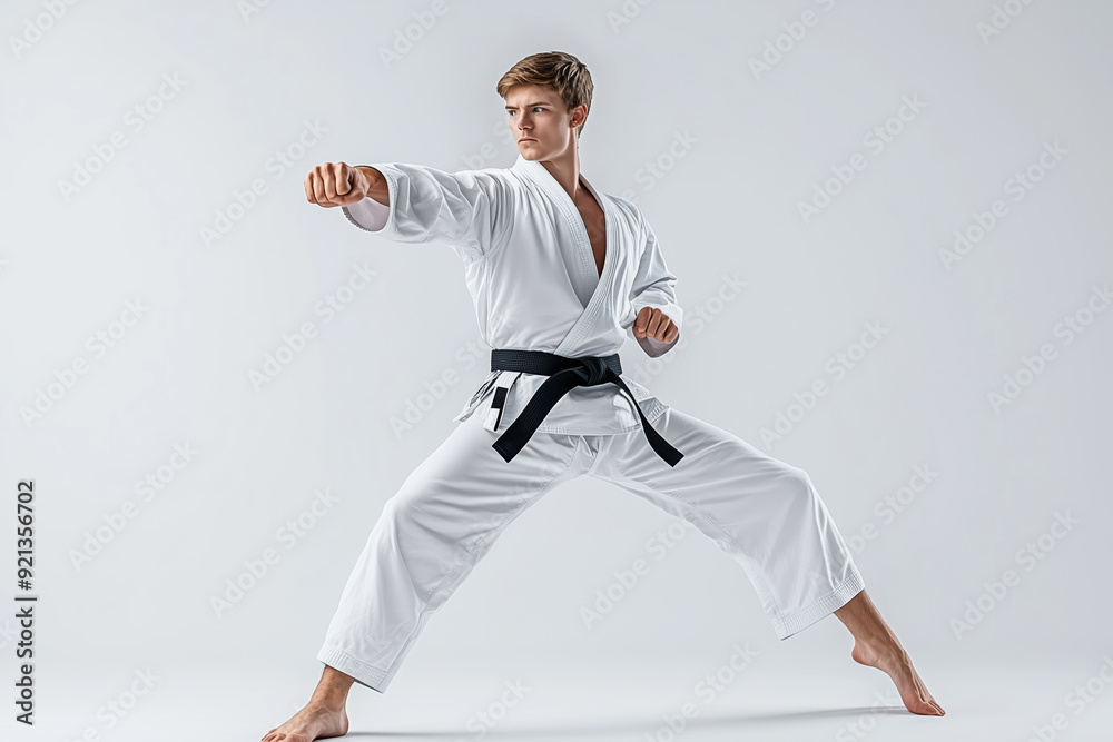 Caucasian man performing Taekwondo in a studio, capturing strength and focus during practice Caucasian man performing Taekwondo in a studio, capturing strength and focus during practice