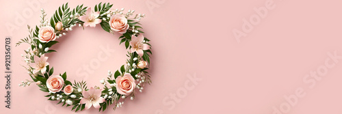Wallpaper Mural Flowers and leaves in a wreath on a pink background. Abstract frame made of natural colors with space for copying. International Women's Day, Mother's Day, copy space, banner Torontodigital.ca