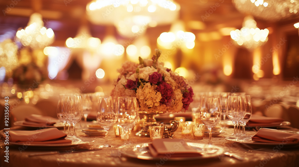 An opulent event space set for a high-end function, with beautifully arranged tables, elegant centerpieces, and ambient lighting.