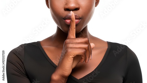 A woman shows a sign of silence with her index finger. A girl points her finger at her own lips.