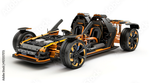 Detailed view of an electric car chassis featuring battery pack, motors, suspension, and wheels. Showcases the advanced engineering of EV powertrains and components. AI generated. AI generated