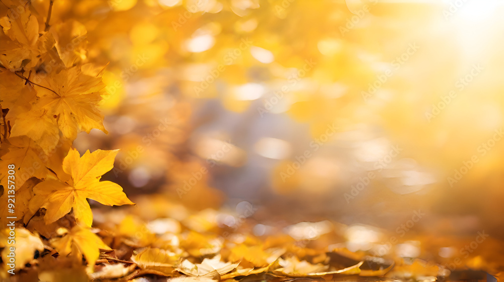 Beautiful blurred autumn background with yellow-gold leaves in the rays of sunlight on a dark natural background. Background with copy space. Banner.