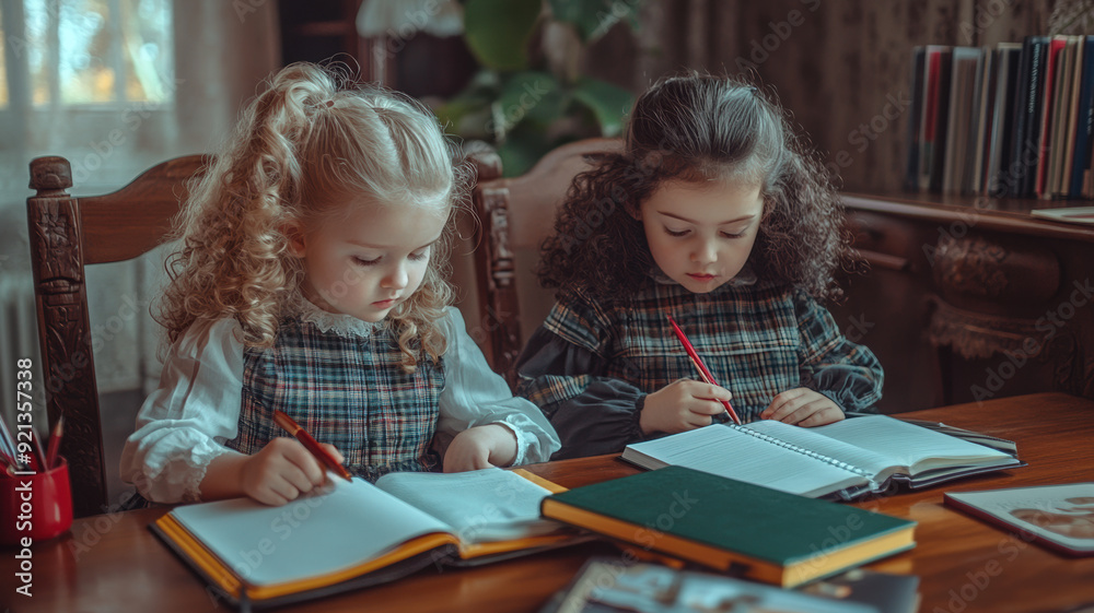 Little girls, children, girlfriends are sitting at the table, pens, books, open notebooks are on the table, preparing homework for school for a new school day. Little girls, children, girlfriends are sitting at the table, pens, books, open notebooks are on the table, preparing homework for school for a new school day.