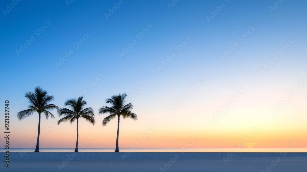 A serene beach at sunset, with palm trees silhouetted against the sky A serene beach at sunset, with palm trees silhouetted against the sky