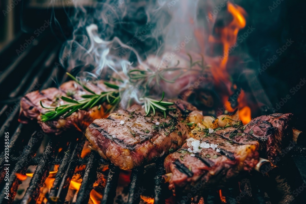 Two steaks grilling on open flames, searing and cooking to perfection, Mastering the art of grilling meats to perfection Two steaks grilling on open flames, searing and cooking to perfection, Mastering the art of grilling meats to perfection