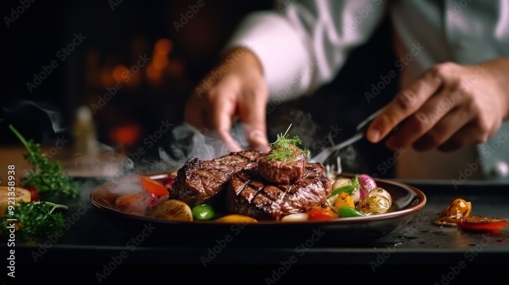 Chef Serving a Sizzling Steak with Vegetables Chef Serving a Sizzling Steak with Vegetables