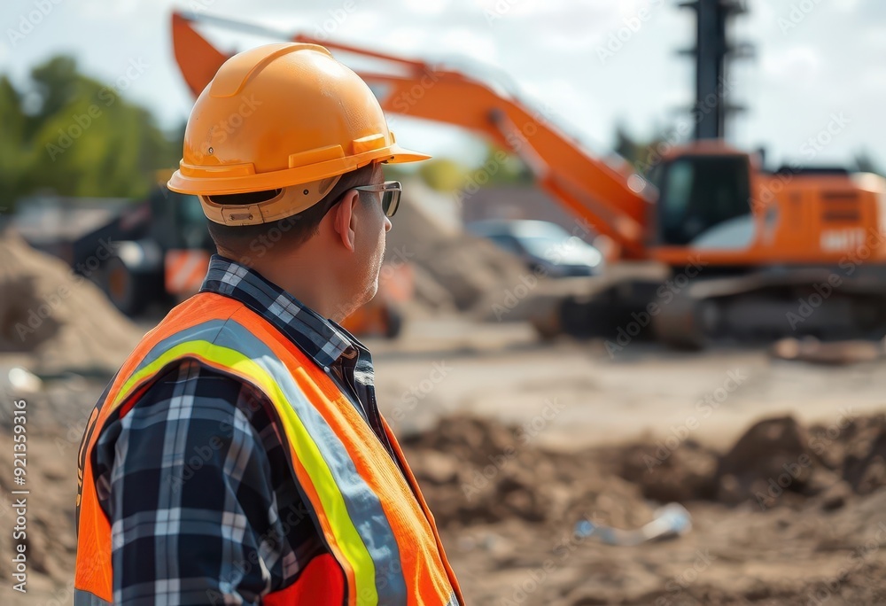 Construction worker observes machinery operation at a busy construction site in daylight Construction worker observes machinery operation at a busy construction site in daylight