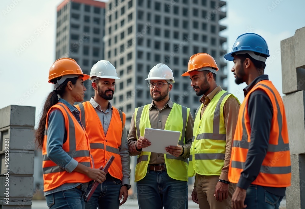 Construction team collaborating on site plans at a building construction project in the afternoon Construction team collaborating on site plans at a building construction project in the afternoon