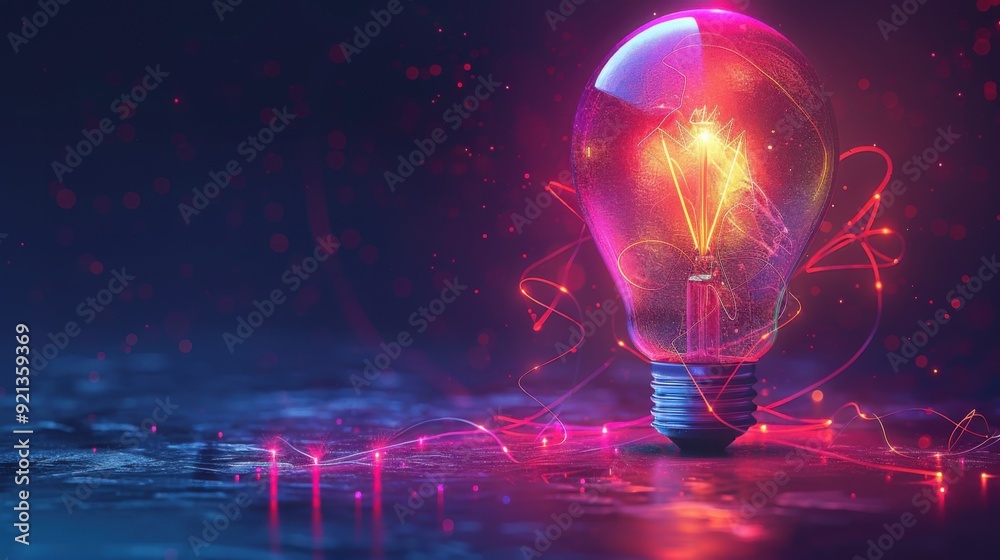 light bulb with glowing lines on dark background, concept of innovation and idea in technology business.