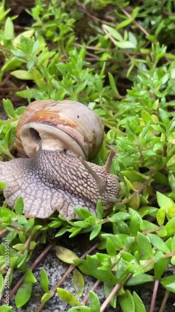 Close-up of escargot snail eating green plants in spring garden. Close-up of escargot snail eating green plants in spring garden.