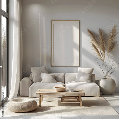 Aesthetic minimalist room interior design. Mockup picture frames. Mock up poster on the walls. Copy space. Scandi apartment for decoration. Neutral colors. Modern japandi style.