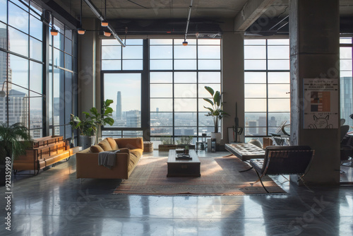 Urban loft apartment with matte metal accents, concrete floors.