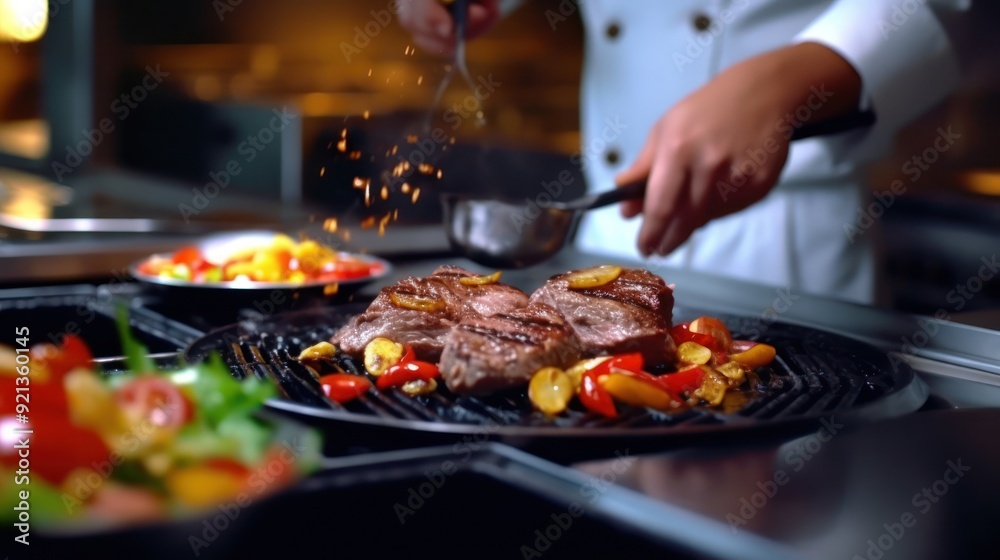 Naklejka premium Chef Grilling Steak and Vegetables