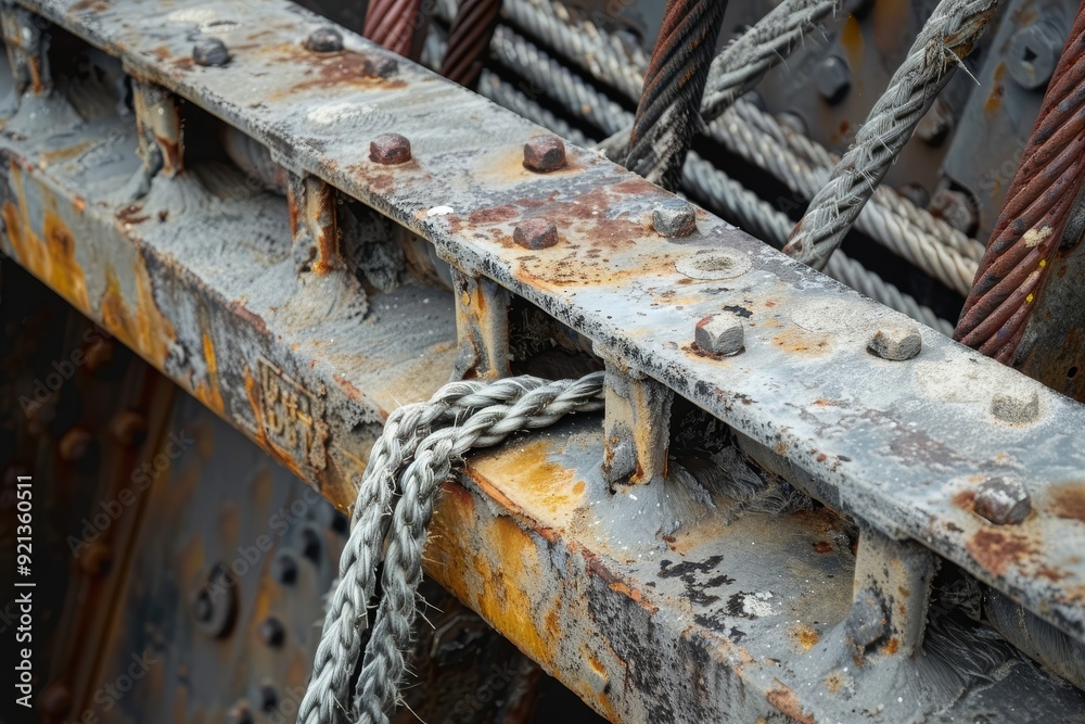 Detailed view of intertwined rusted metal beams and ropes, Metal beams and cables intertwine to create a sturdy foundation for the turbine Detailed view of intertwined rusted metal beams and ropes, Metal beams and cables intertwine to create a sturdy foundation for the turbine