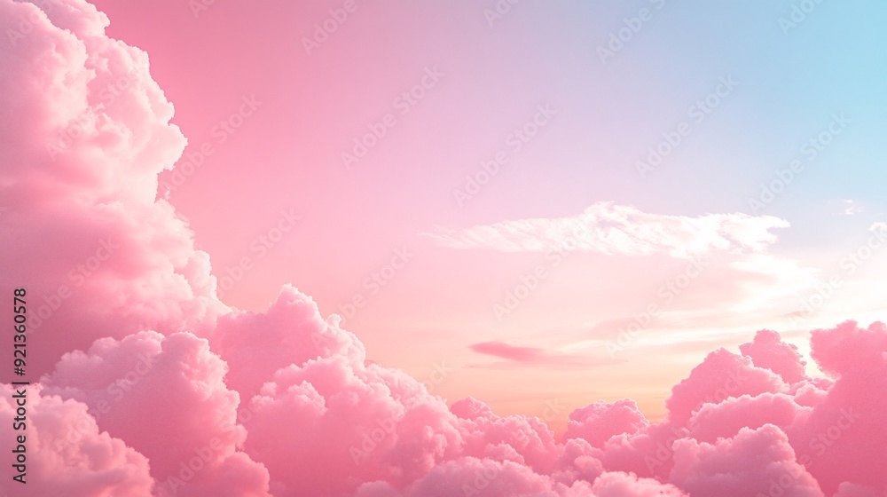 pink sky with clouds, a gradient background, pink and blue, dreamy, soft, high-angle perspective, a wide frame, white space, picture, an ethereal, sun, from above. A beautiful cloud pattern is drawn