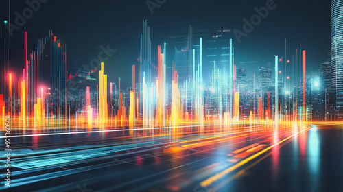 Smart digital city with connection network that is at the cutting edge of innovation in technology and business with bright, modern skyscrapers. Backgrounds for technology and charts and graphs