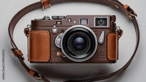 A vintage-style camera, predominantly in a rich brown hue. It's equipped with a large lens, suggesting it might be a medium or large format camera. The camera is adorned with leather straps photo