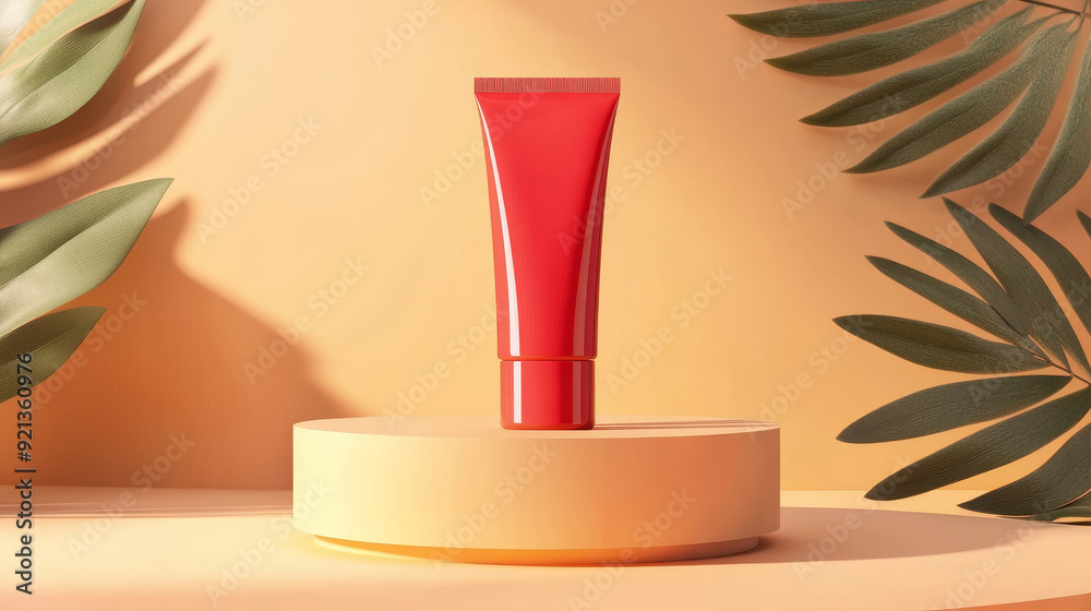 A round podium featuring a red tube of sunscreen standing prominently on it. The setup emphasizes the concept of protection against ultraviolet rays and the harmful effects of the sun on the skin, A round podium featuring a red tube of sunscreen standing prominently on it. The setup emphasizes the concept of protection against ultraviolet rays and the harmful effects of the sun on the skin,