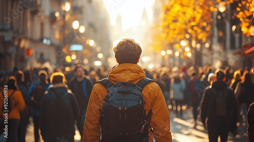 man, yellow jacket and backpack is walking in the middle of a busy street full of people. He, his back to the camera, with the golden hour light, resolution photography, stock photo