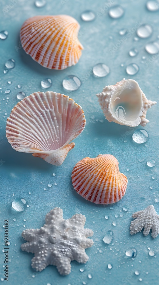 White seashells, water drops on a blue background White seashells, water drops on a blue background