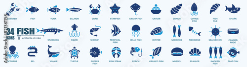 Fish and seafood elements - thin line web icon set. Outline icons collection. Simple vector illustration.