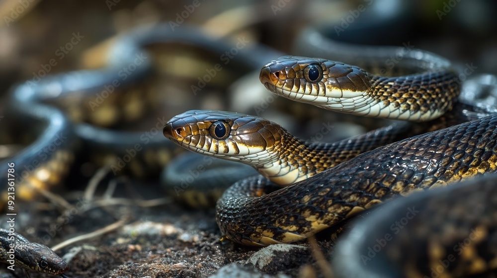 A group of snakes slithering across a forest floor
