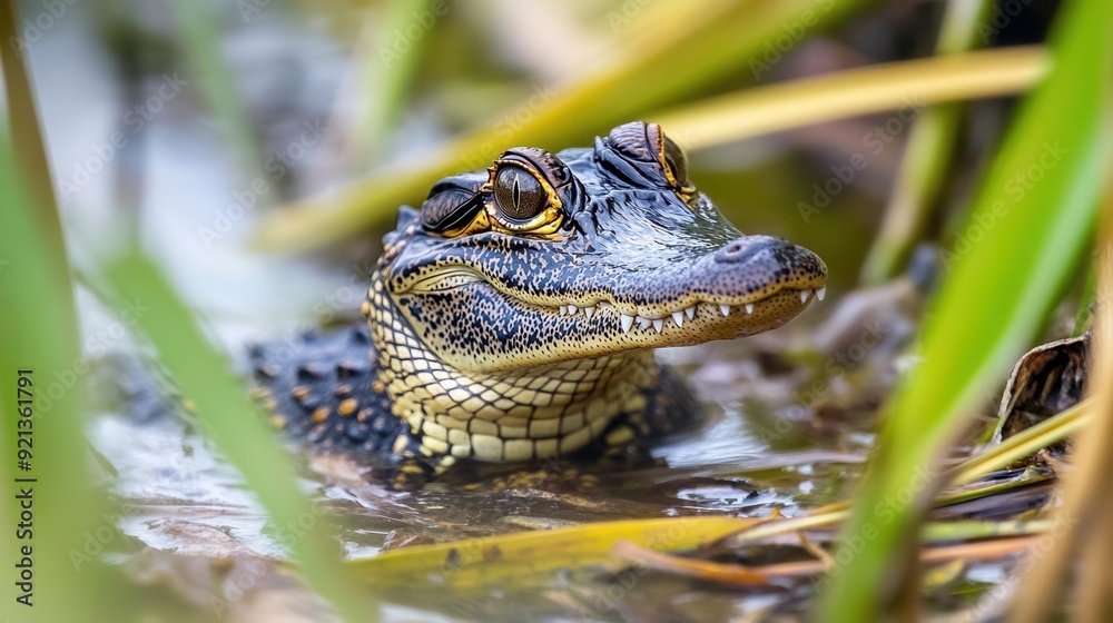 Fototapeta premium Close-Up of a Curious Young Alligator in Wetlands