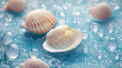 White seashells, water drops on a blue background