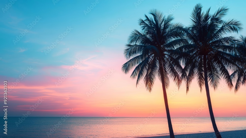 A serene beach at sunset, with palm trees silhouetted against the sky A serene beach at sunset, with palm trees silhouetted against the sky