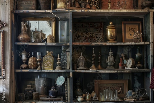 A shelf filled with various types of items neatly arranged in rows, Meticulously dusted shelves and surfaces displaying treasured decor and keepsakes