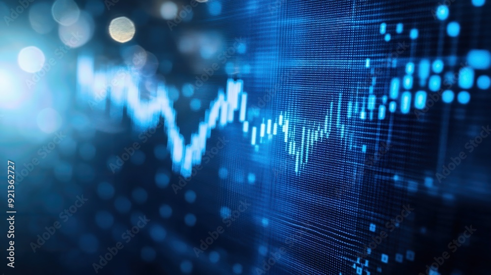 Fototapeta premium Abstract digital blue wave graph with glowing elements, representing data analysis, technology, and connectivity in modern systems.