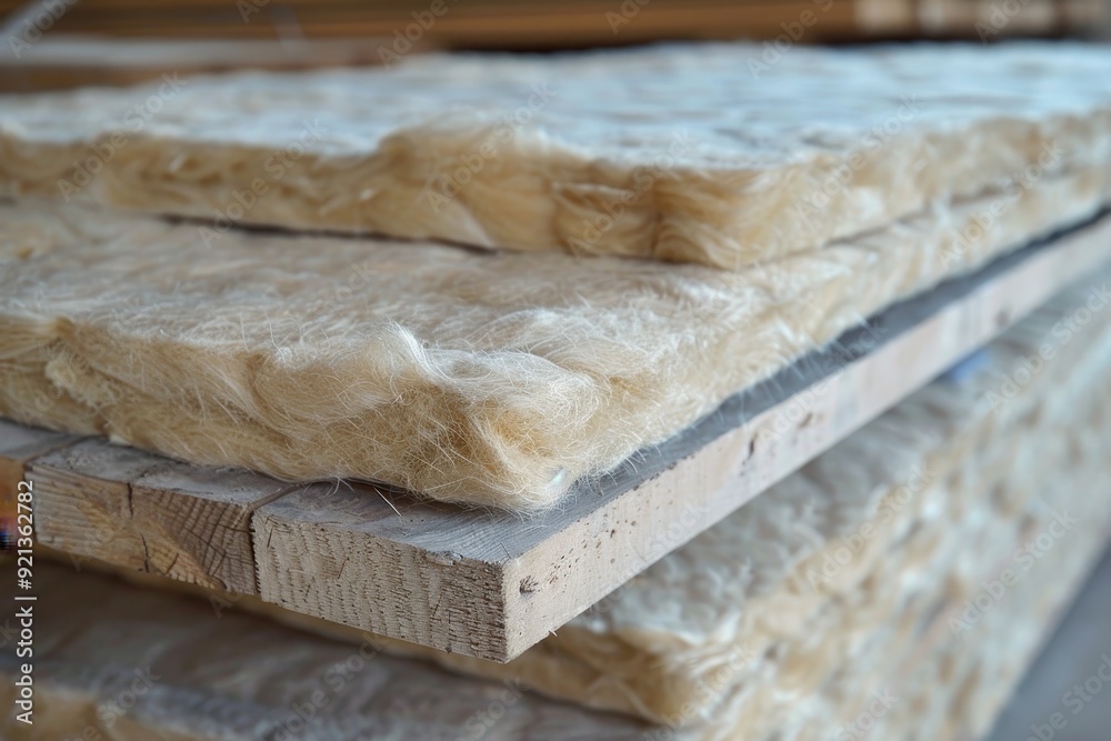 Detailed view of a stack of wood planks, Mineral wool batts for fire resistance and soundproofing Detailed view of a stack of wood planks, Mineral wool batts for fire resistance and soundproofing