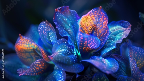 Surreal Plant Forms: Abstract, exaggerated plant forms with unusual textures and vibrant colors like electric blue and neon green, set against a dark backdrop. photo