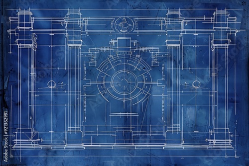 Blueprint drawing showcasing the design of a building featuring prominent columns, Minimalist blueprint layout emphasizing clean lines and symmetry