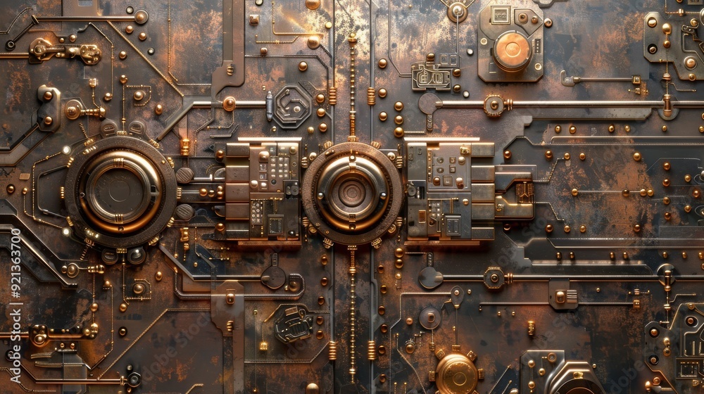 Symmetrical Circuitry: Symmetrical patterns of circuitry in metallic tones, suggesting precision and technological advancement. Symmetrical Circuitry: Symmetrical patterns of circuitry in metallic tones, suggesting precision and technological advancement.