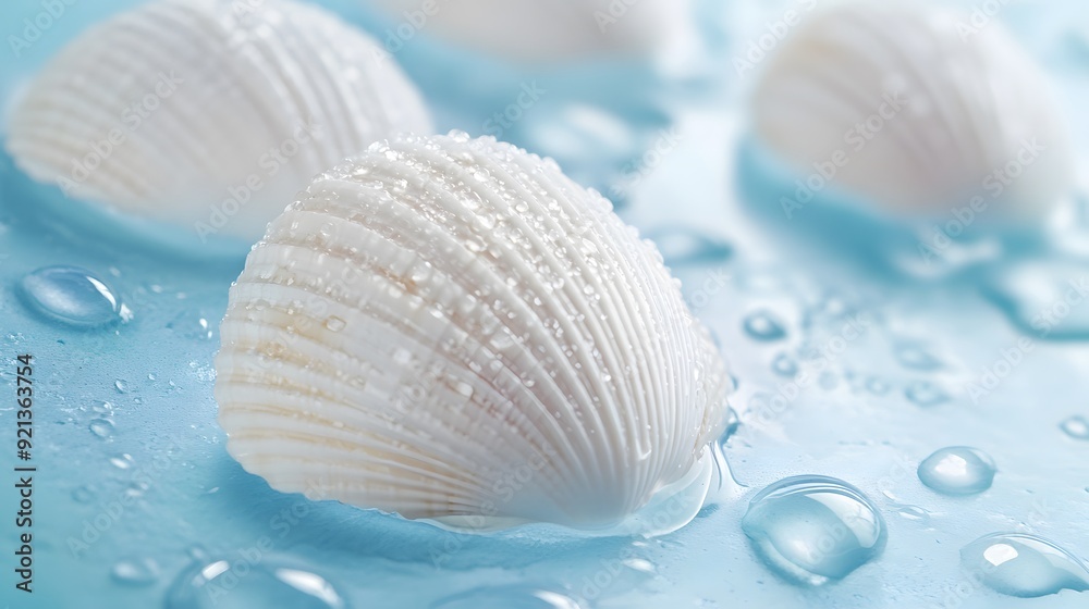 White seashells, water drops on a blue background White seashells, water drops on a blue background