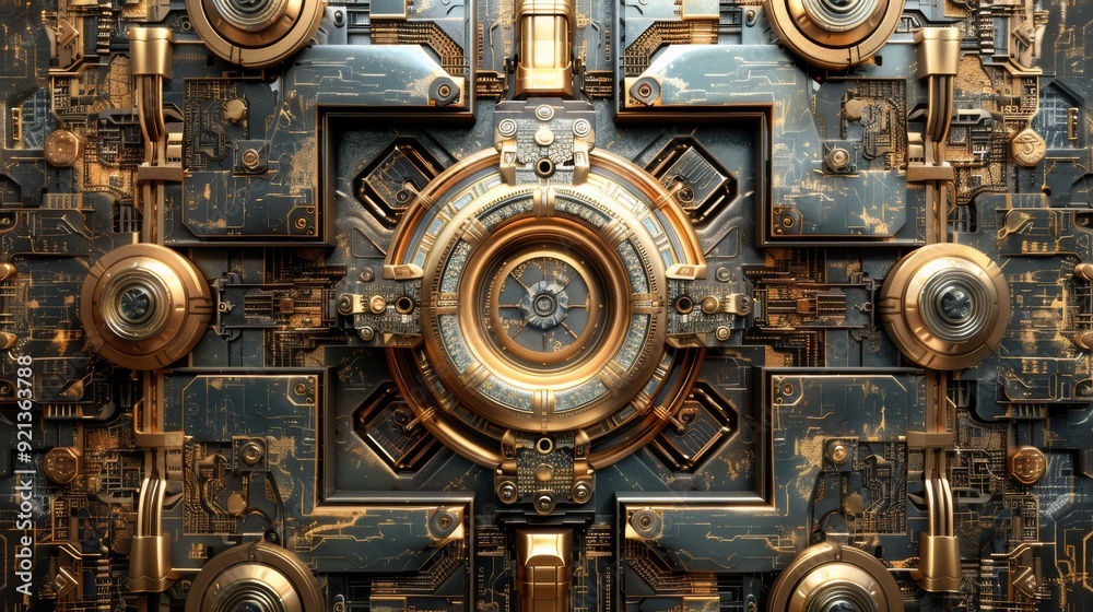 Symmetrical Circuitry: Symmetrical patterns of circuitry in metallic tones, suggesting precision and technological advancement. Symmetrical Circuitry: Symmetrical patterns of circuitry in metallic tones, suggesting precision and technological advancement.